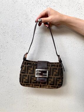 RARE FENDI Zucca Canvas Mini Mamma Baguette Shoulder Bag Brown, Silver Hardware